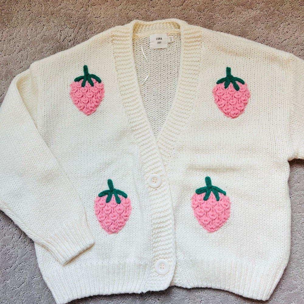 White and Pink Strawberry Cardigan Sweater